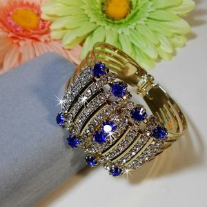 Sapphire Blue & CZ Hinged Bangle Bracelet